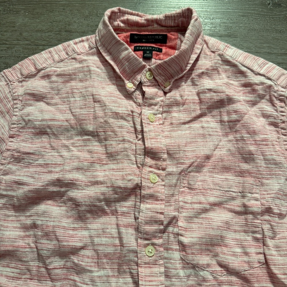 Banana Republic Shirt Men Medium Pink 100% Linen Camden Fit Coastal Summer Beach